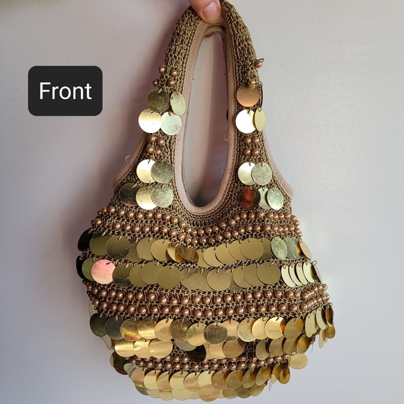 Topshop Handbags - Topshop Vintage Crocheted Sequined & Beaded Purse Gold Double Handle